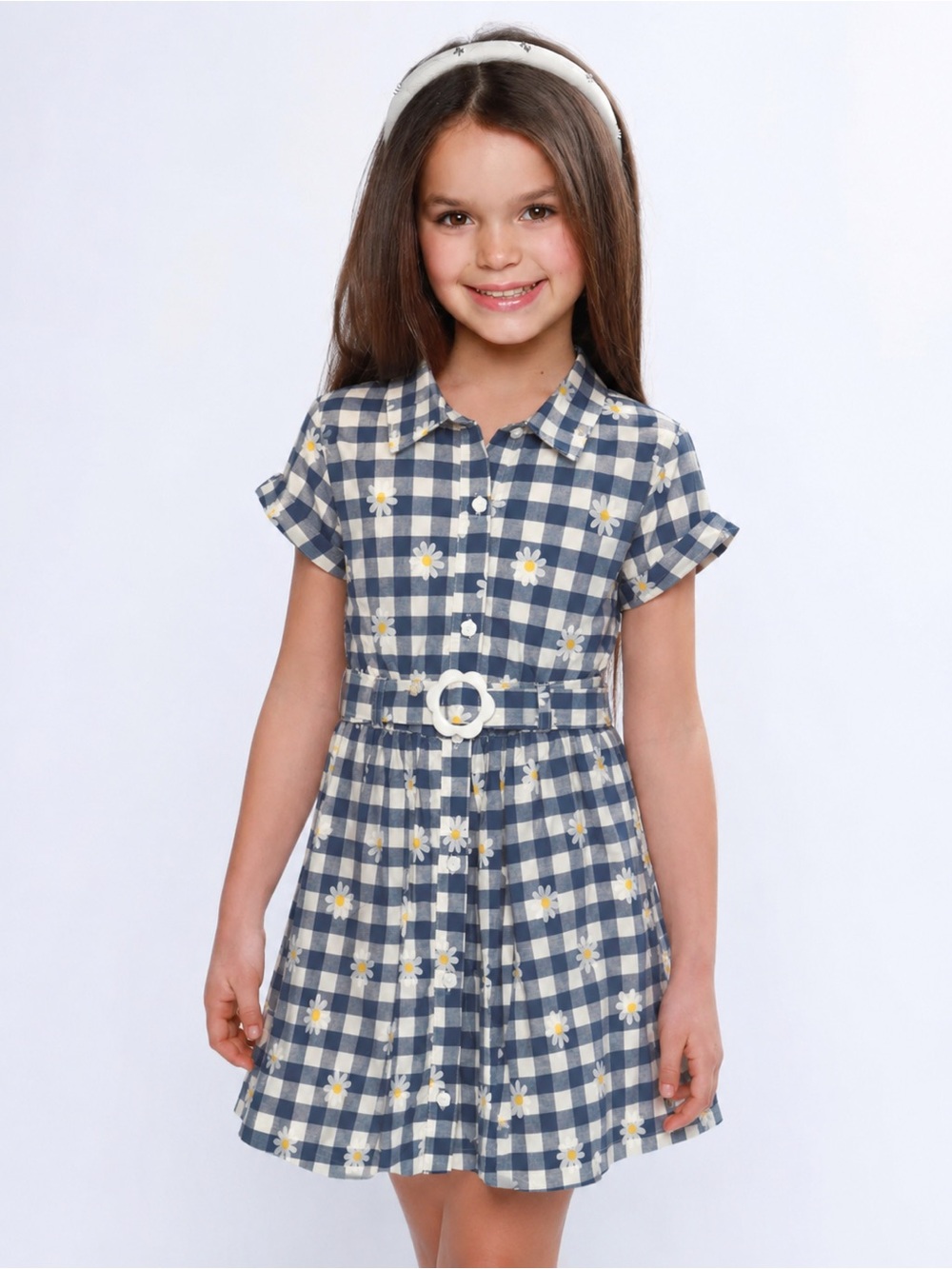 NWT Isaac Mizrahi New York size 5  Blue and White Gingham Daisy Belted Dress